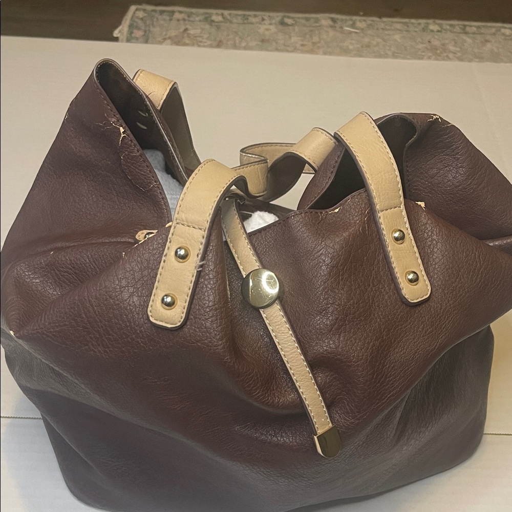 Chic Brown Leather Shoulder Bag with Tan Accents